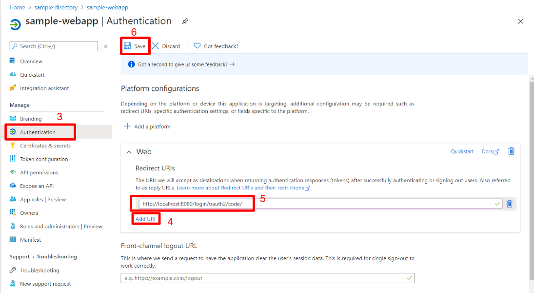 Azure 门户的屏幕截图,其中突出显示了重定向 URI 的 Web 应用身份验证页。