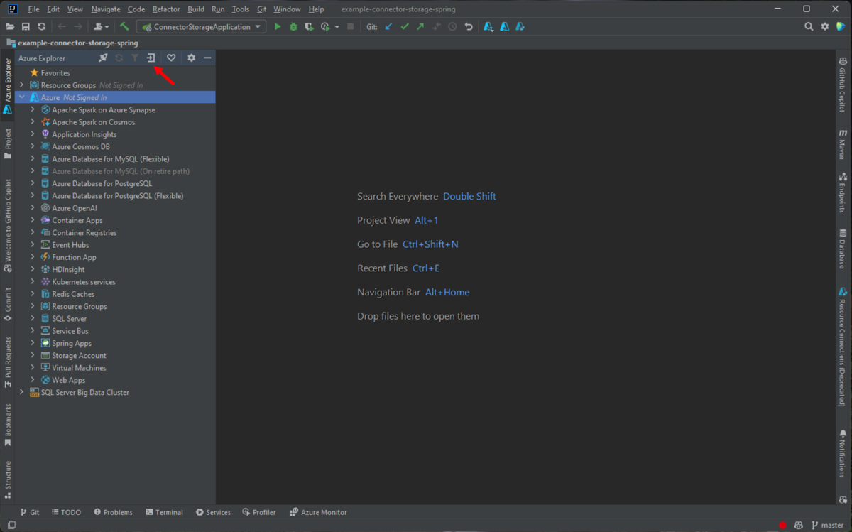 IntelliJ IDEA 的屏幕截图,其中突出显示了“Azure 登录”按钮。