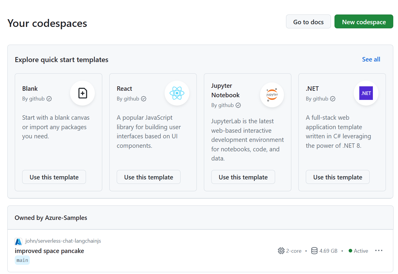 所有正在运行的 Codespace 的屏幕截图,包括其状态和模板。