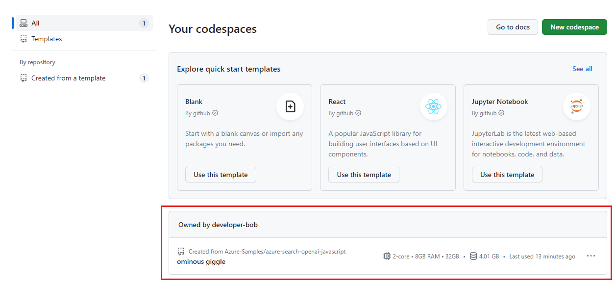 所有正在运行的 Codespace 的屏幕截图,包括其状态和模板。