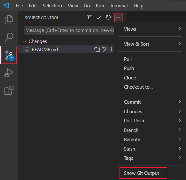 Visual Studio Code 源代码管理,“显示 Git 输出”选项突出显示。