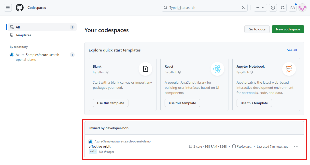 所有正在运行的 GitHub Codespaces 的屏幕截图,包括其状态和模板。