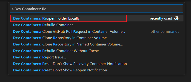 命令面板选项的屏幕截图,用于在 Visual Studio Code 中重新打开本地环境中的当前文件夹。