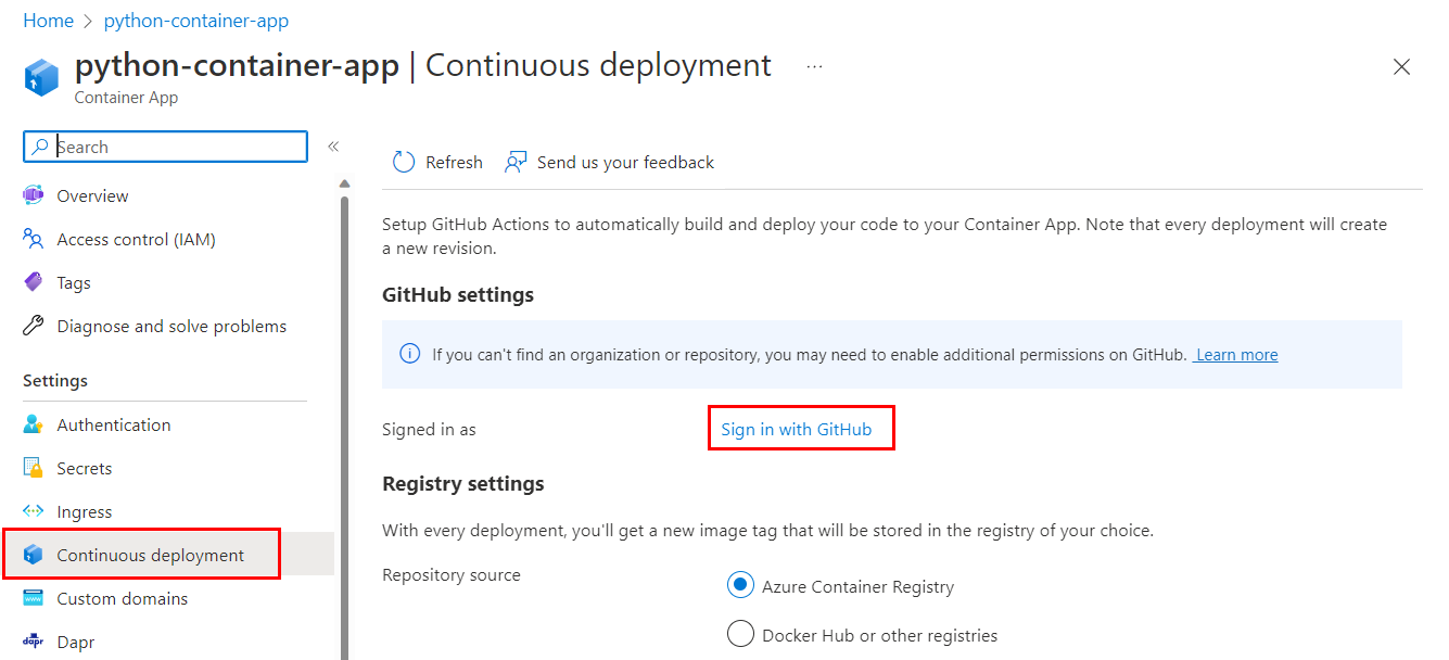 屏幕截图,显示 Azure 门户中容器应用的持续部署资源。