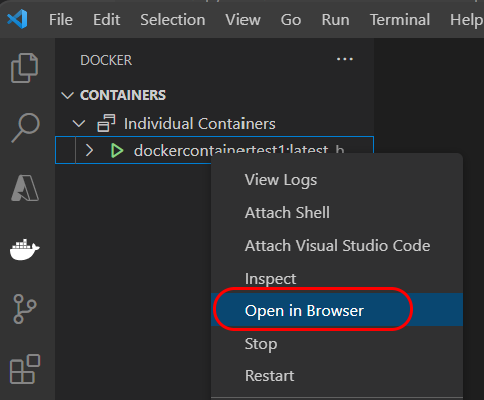 显示如何在 Visual Studio Code 中浏览 Docker 容器的终结点的屏幕截图。