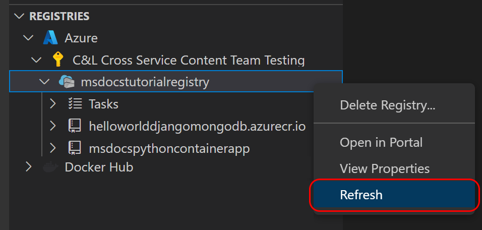 显示如何在 Visual Studio Code 的 Docker 扩展中刷新注册表的屏幕截图。