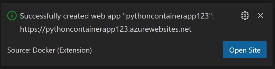 此屏幕截图显示了 Docker 映像是 Visual Studio Code 中部署应用程序服务时的提示。