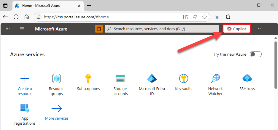 Azure 门户中 Azure Copilot 图标的屏幕截图。