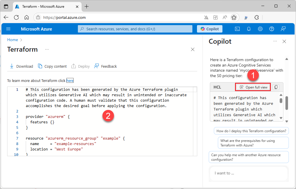 Azure 门户中 Azure Copilot 全屏模式的屏幕截图。