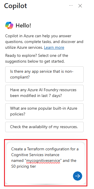 示例 Azure Copilot 提示符的屏幕截图。