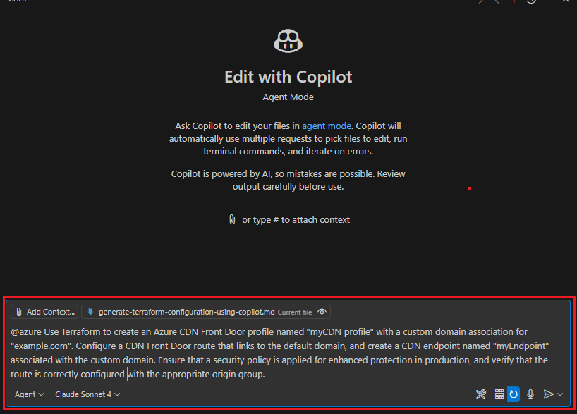 VS Code 中使用 Copilot 的 Terraform 配置提示的屏幕截图。