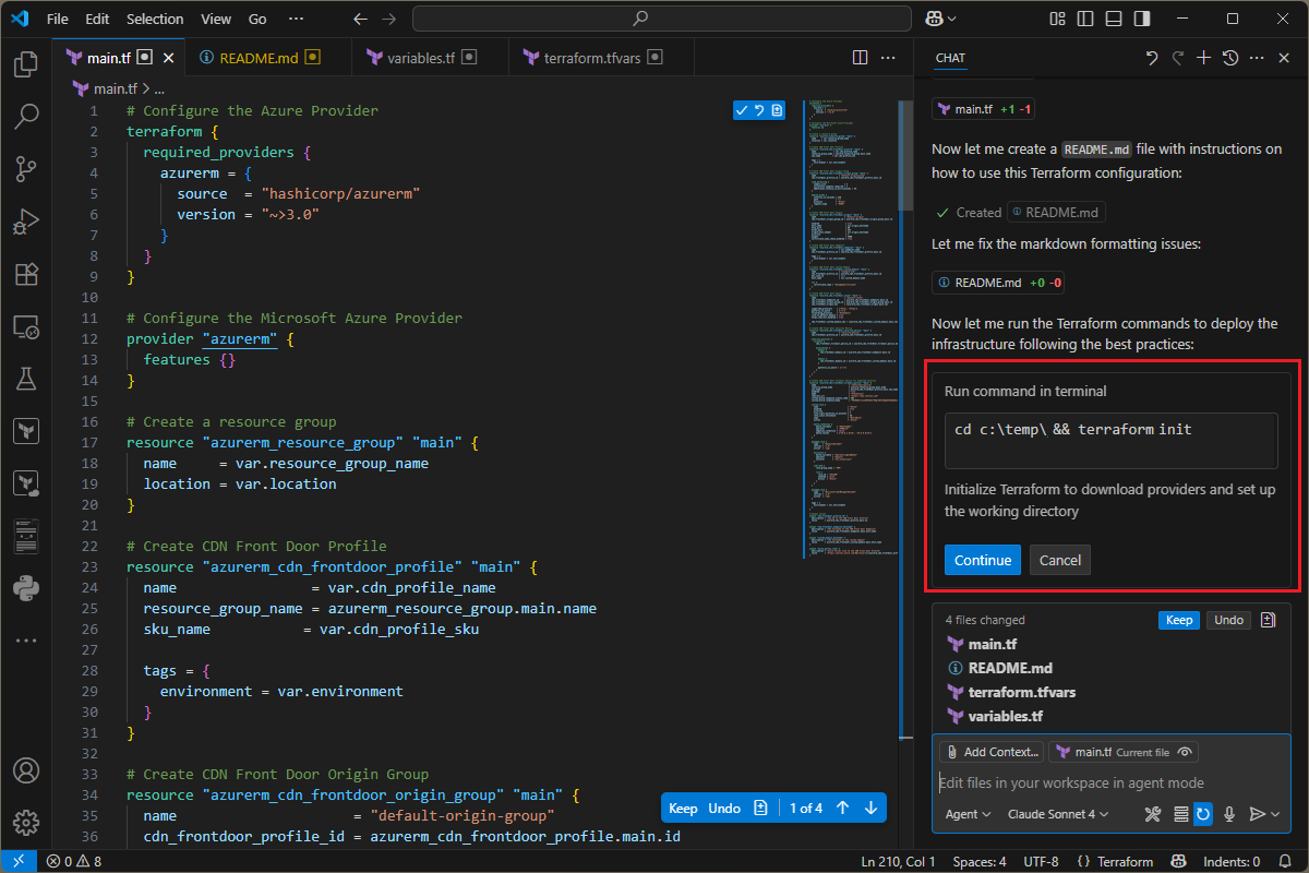 用于运行各种 Terraform 命令的 Copilot 选项的屏幕截图。