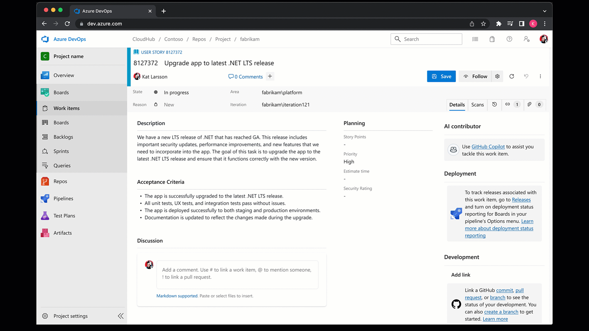 使用 GitHub 编码代理进行工作项集成的动态 gif 图示例