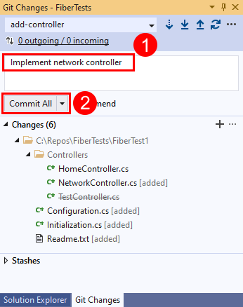 Visual Studio 中“Git 更改”窗口中“全部提交”选项的屏幕截图。