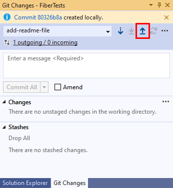 Visual Studio 的“Git 更改”窗口中向上键按下按钮的屏幕截图。