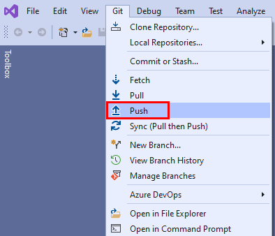 Visual Studio 中 Git 菜单中的“推送”选项的屏幕截图。