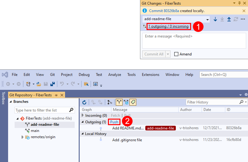 “Git 更改”窗口中的“传出/传入”链接的屏幕截图,以及 Visual Studio 的“Git 存储库”窗口中的“推送”链接。