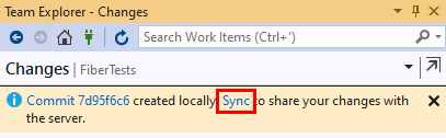 在 Visual Studio 2019 中提交后显示的同步链接的屏幕截图。