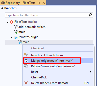 Visual Studio 的“Git 存储库”窗口中分支上下文菜单中的“合并”选项的屏幕截图。