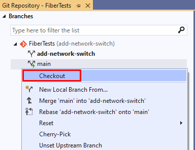 Visual Studio 2019 的“Git 存储库”窗口中的“签出”选项的屏幕截图。