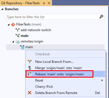 Visual Studio 的“Git 存储库”窗口中分支上下文菜单中的“Rebase”选项的屏幕截图。