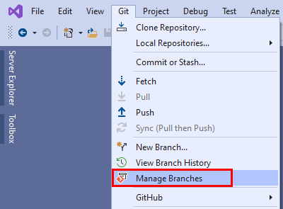 Visual Studio 2019 的 Git 菜单中“管理分支”选项的屏幕截图。