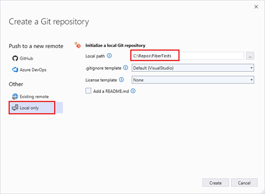Visual Studio 2022 中“创建 Git 存储库”窗口的屏幕截图,选中了“仅限本地”选项。