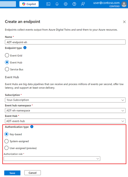 在 Azure 门户中创建“事件中心”类型终结点的屏幕截图。
