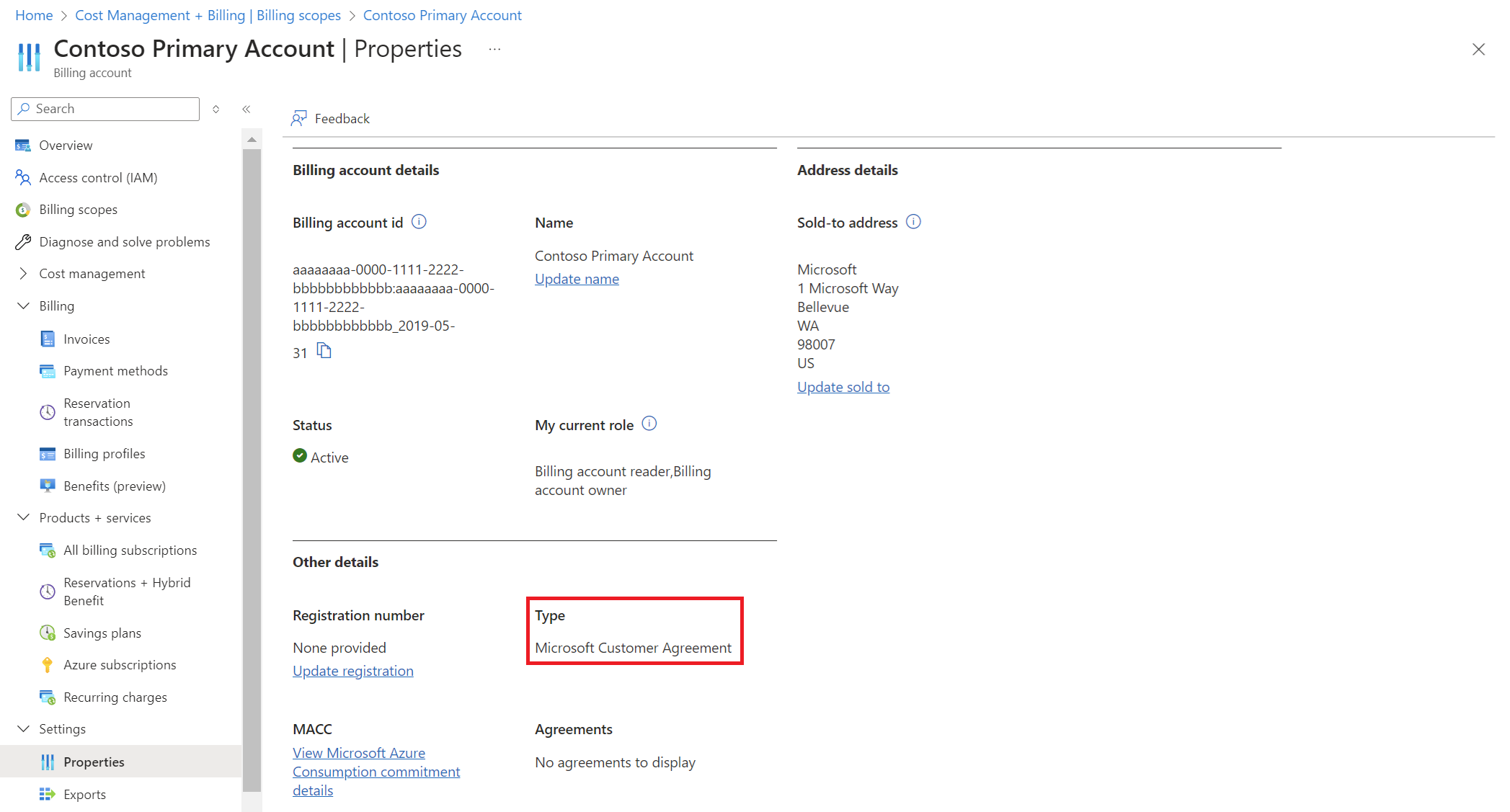 Azure 门户的屏幕截图,其中显示了单个计费范围的 Microsoft 客户协议的计费帐户类型。