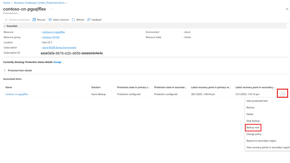 screenshot shows how to run an on-demand backup.