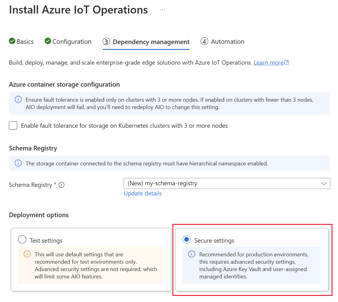 显示从门户部署 Azure IoT作的第三个选项卡上选择安全设置的屏幕截图。