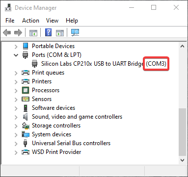 Windows 设备管理器的屏幕截图,显示已连接设备的 COM 端口。