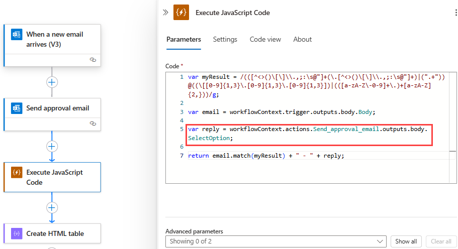 显示消耗型工作流和“执行 JavaScript 代码”操作的屏幕截图,其中包含已更新的示例代码片段。