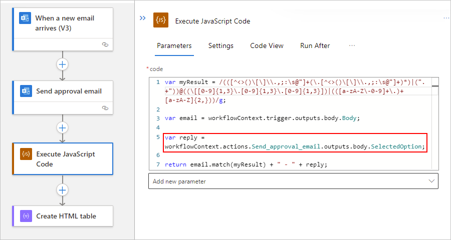 显示标准工作流和执行 JavaScript 代码作的屏幕截图,其中包含更新的示例代码片段。