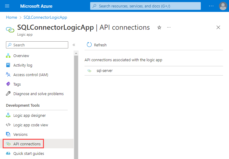 屏幕截图显示了 Azure 门户、消耗逻辑应用资源和资源菜单。在资源菜单的“开发工具”下,选择了“API 连接”。