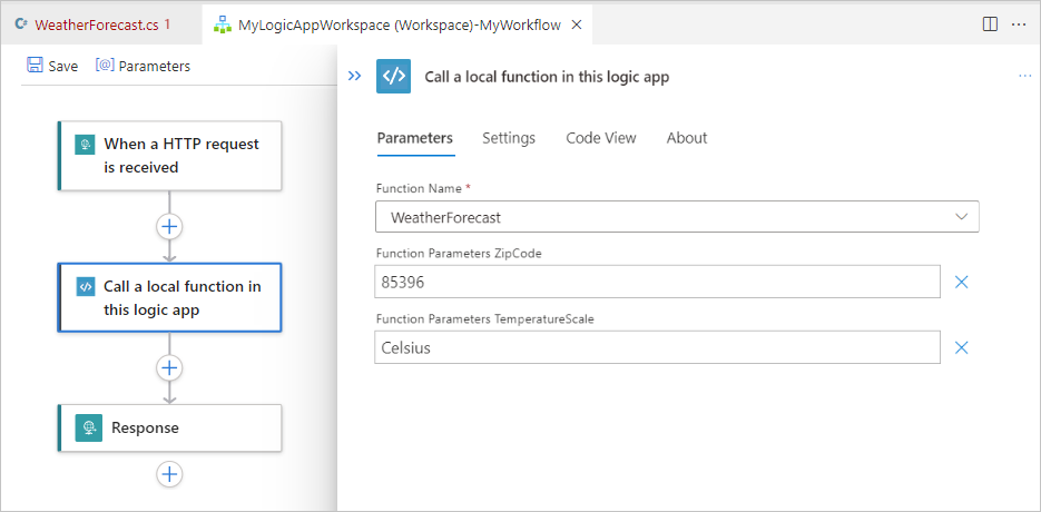 屏幕截图,显示 Visual Studio Code、工作流设计器和默认的工作流,其中包括触发器和操作。