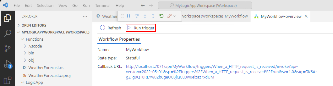 屏幕截图,显示打开的 Visual Studio Code 和工作流的概述页面。