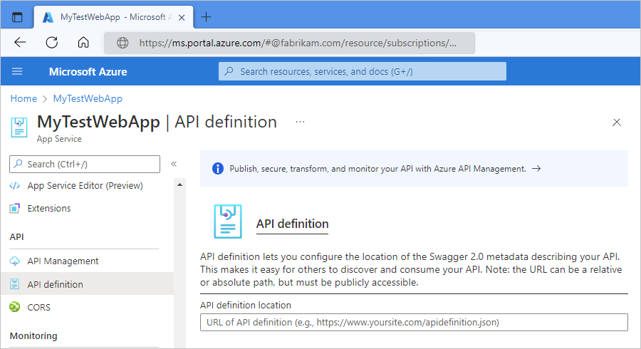 显示 Azure 门户的屏幕截图,其中 Web 应用的“API 定义”窗格已打开,且“API 定义位置”框设置为关于自定义 API 的 Swagger 文档的 URL。
