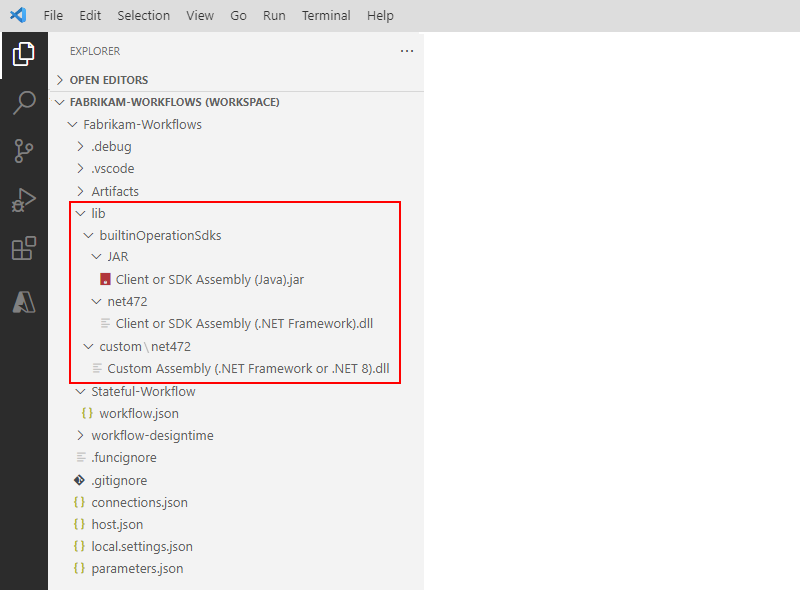屏幕截图显示了 Visual Studio Code 项目结构和展开的程序集文件夹。