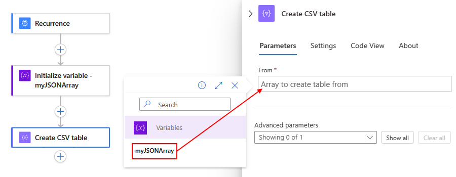 屏幕截图显示了消耗工作流、名为“创建 CSV 表”的操作以及要使用的选定输入。
