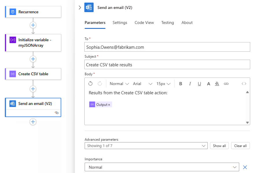 屏幕截图显示了名为“发送电子邮件”的操作的工作流。“正文”属性包含来自前面名为“创建 CSV 表”的操作的名为“输出”的字段。