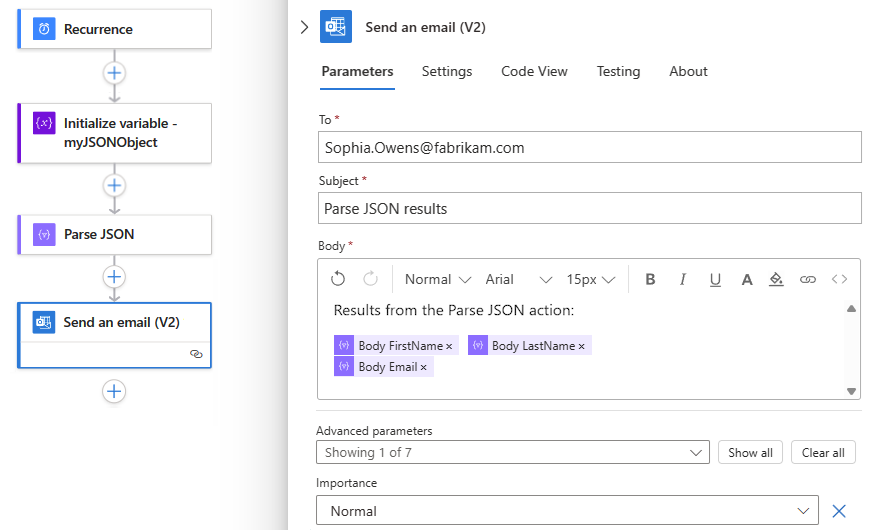 屏幕截图显示了已经完成名为“发送电子邮件”的操作的工作流,该操作用于名为“分析 JSON”的动作。
