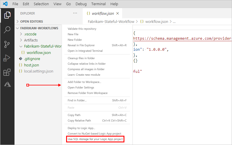 屏幕截图显示了 Visual Studio Code、“资源管理器”窗格和空白区域的项目根目录中的鼠标指针、打开的快捷菜单,并且“为逻辑应用项目使用 SQL 存储”处于选中状态。