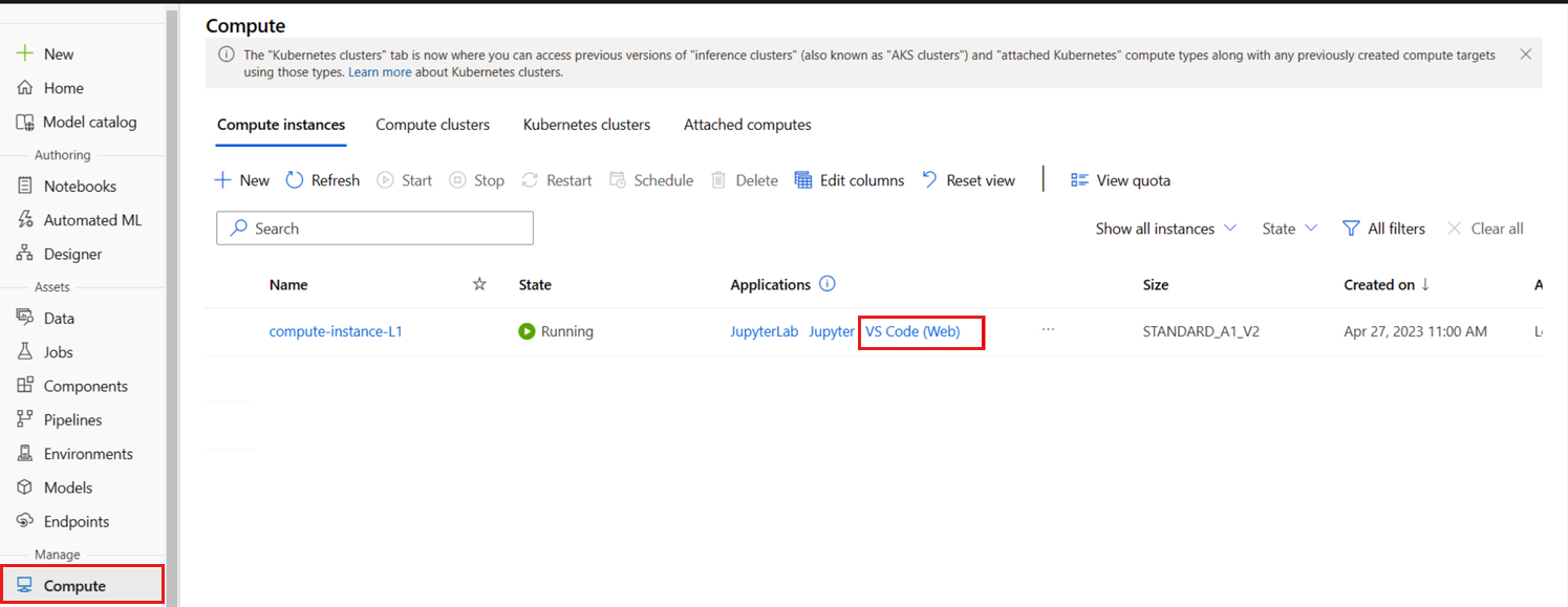 如何连接到计算实例 VS Code Azure 机器学习工作室的屏幕截图。
