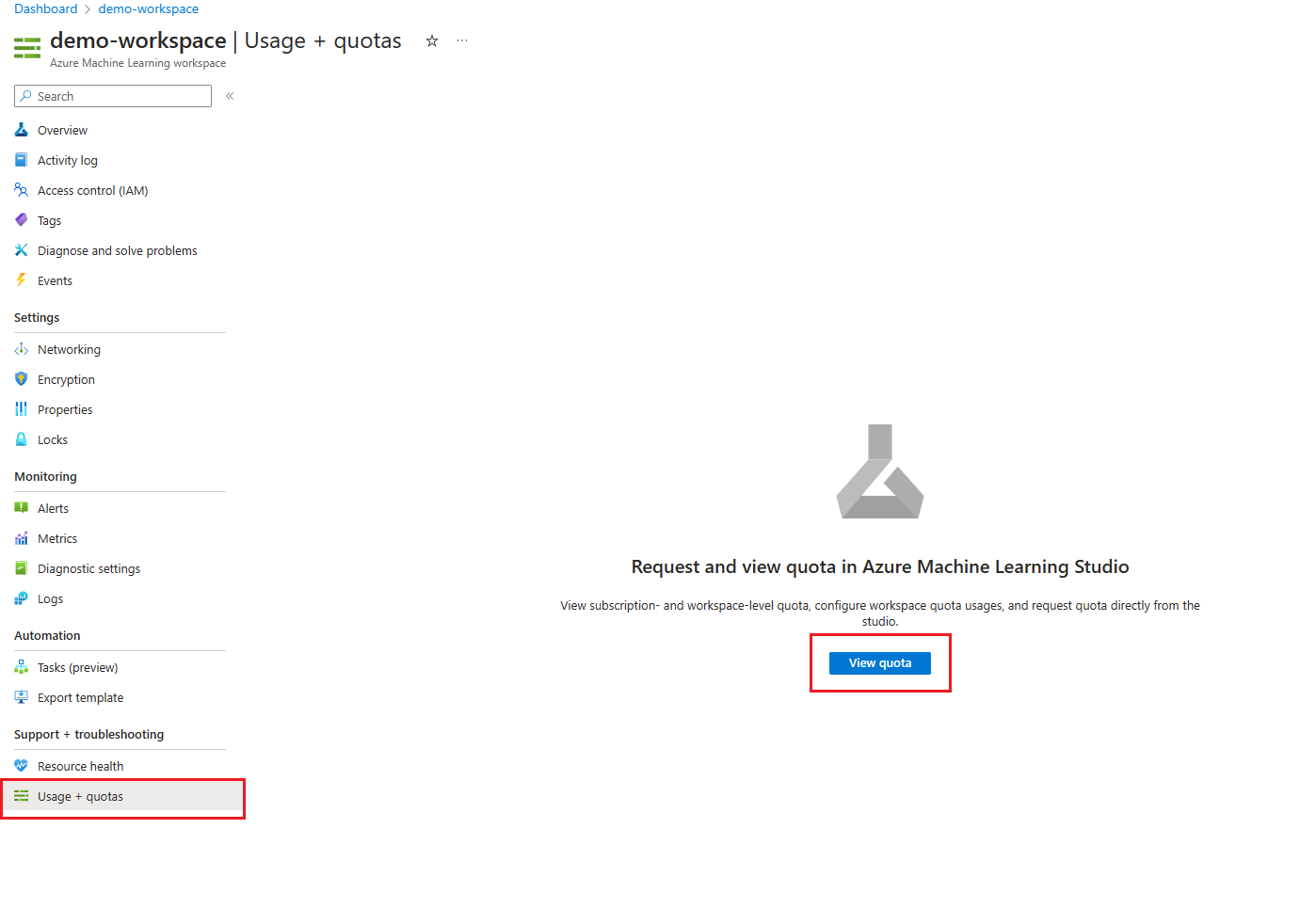 Azure 门户当前配额限制和使用情况视图的屏幕截图。