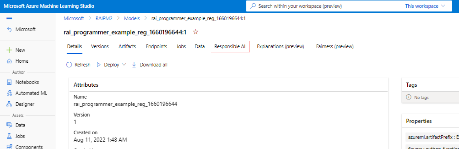 Azure 机器学习工作室中模型详细信息窗格的屏幕截图,其中突出显示了“负责任 AI”选项卡。
