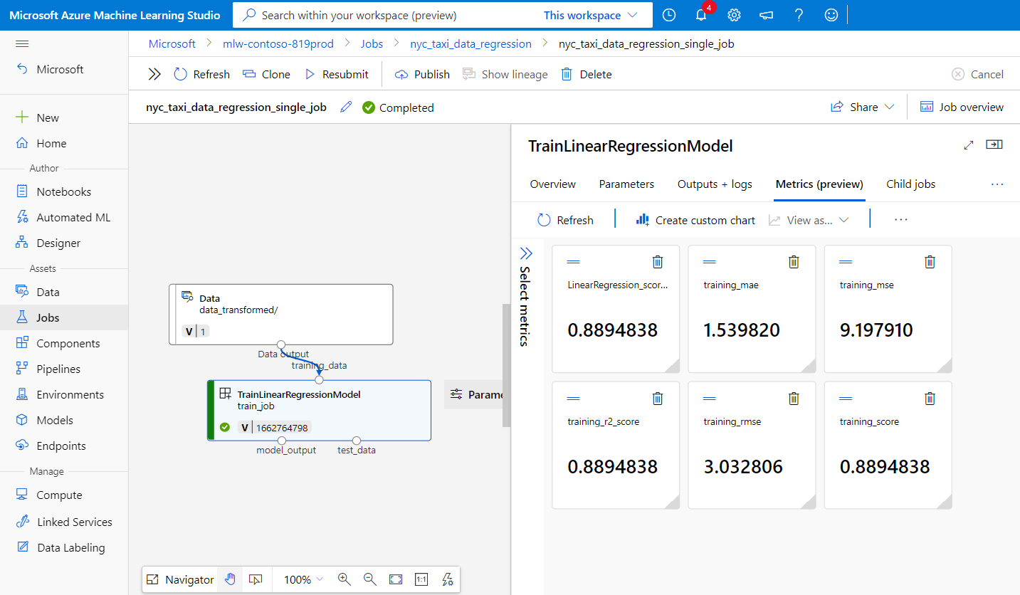 Azure 机器学习工作室中管道的屏幕截图。
