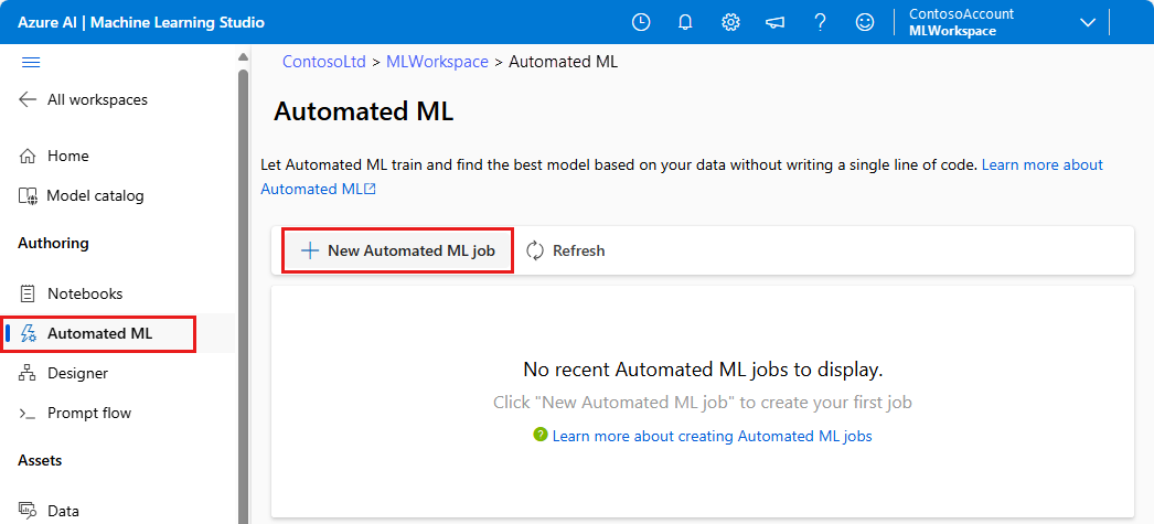 屏幕截图显示了“自动化 ML”页,你可以在其中创建新的自动化 ML 作业。