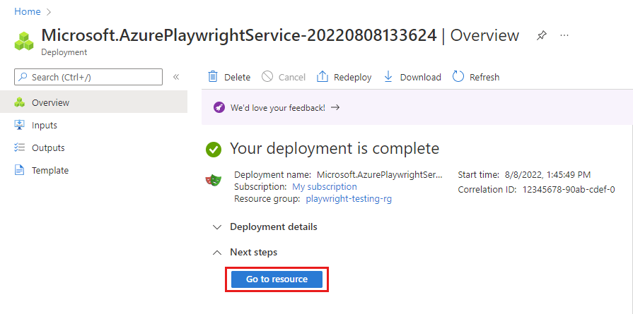 显示 Azure 门户中部署完成信息的屏幕截图。