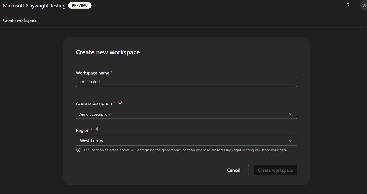屏幕截图显示了 Playwright 门户中的创建工作区体验,其中显示了免费试用消息。